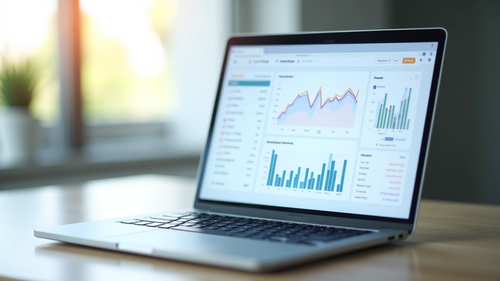 Laptop ekrāns ar detalizētu budžeta analīzes diagrammu, daudzkrāsu grafiki, finansiālas statistikas tabula